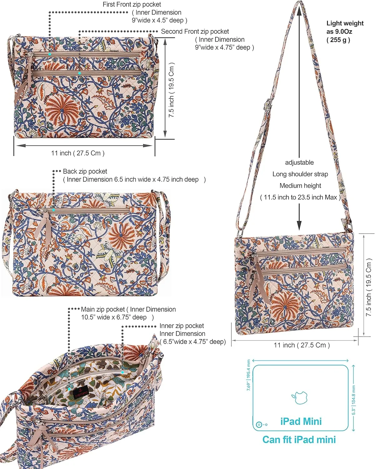 Brentano Cotton quilted Multi-zipper crossbody purse