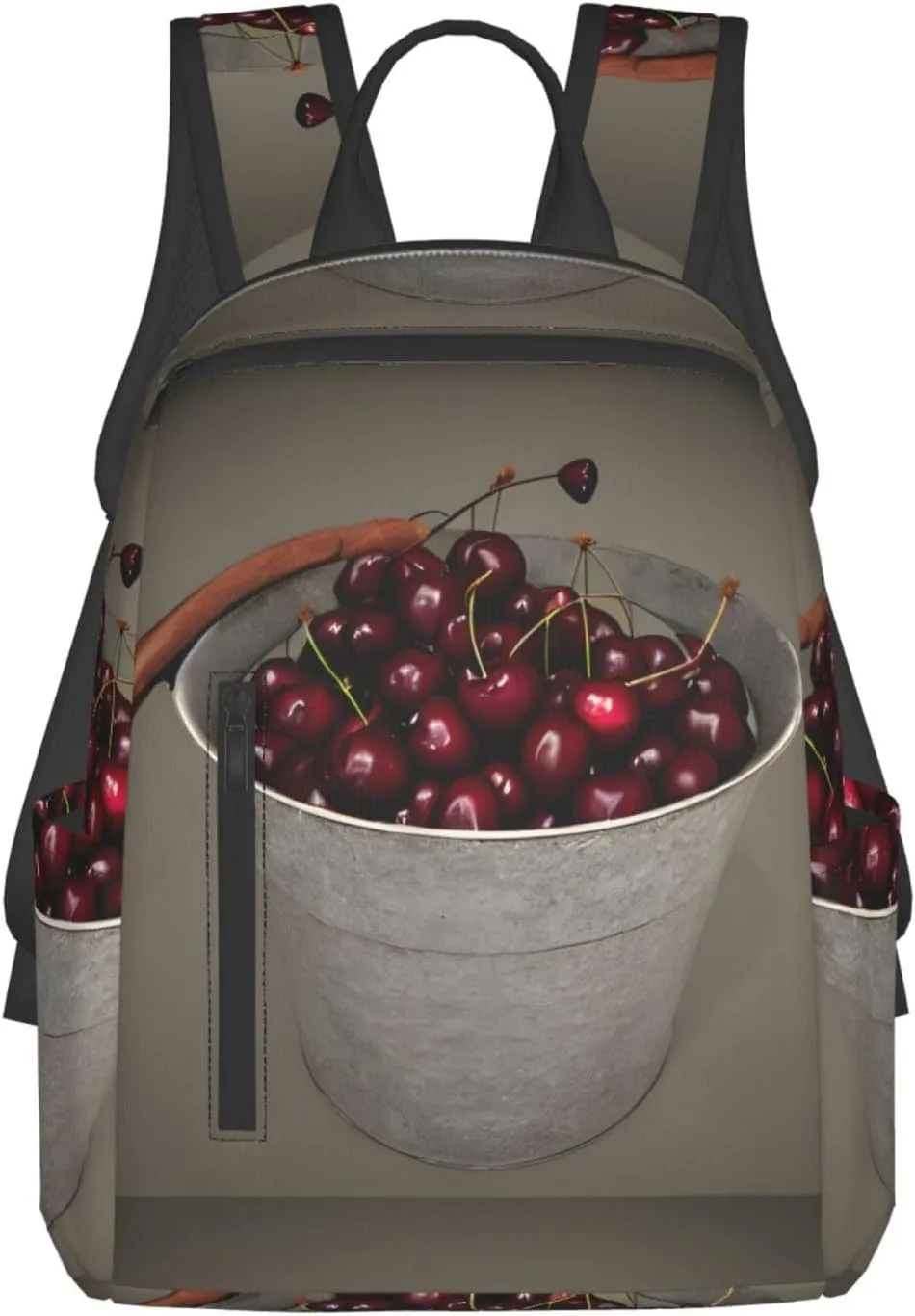 Bucket with Full of Cherries Lightweight Backpack DAY BACKPACK with Front Zipper Pockets & Side Patch Bags. Unisex BACKPACKS