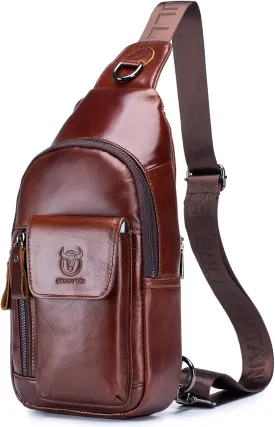 BULLCAPTAIN Men Genuine Leather Shoulder Sling Bag Daypack Casual Multi- pocket Crossbody Chest Bag Travel Hiking Backpacks (Brown)