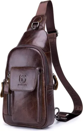 BULLCAPTAIN Mens Leather Crossbody Bag Shoulder Sling Bag Casual Daypacks Chest Bags for Travel Hiking Backpacks