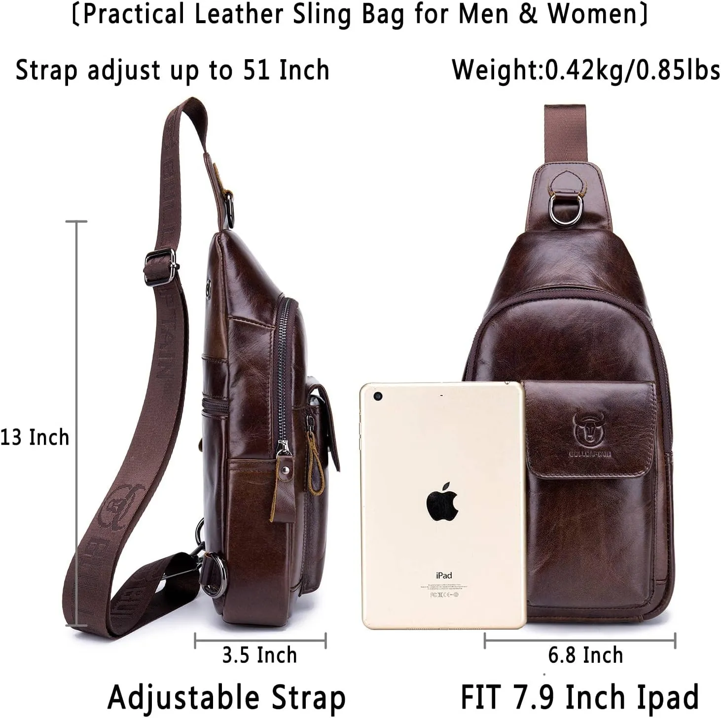 BULLCAPTAIN Mens Leather Crossbody Bag Shoulder Sling Bag Casual Daypacks Chest Bags for Travel Hiking Backpacks