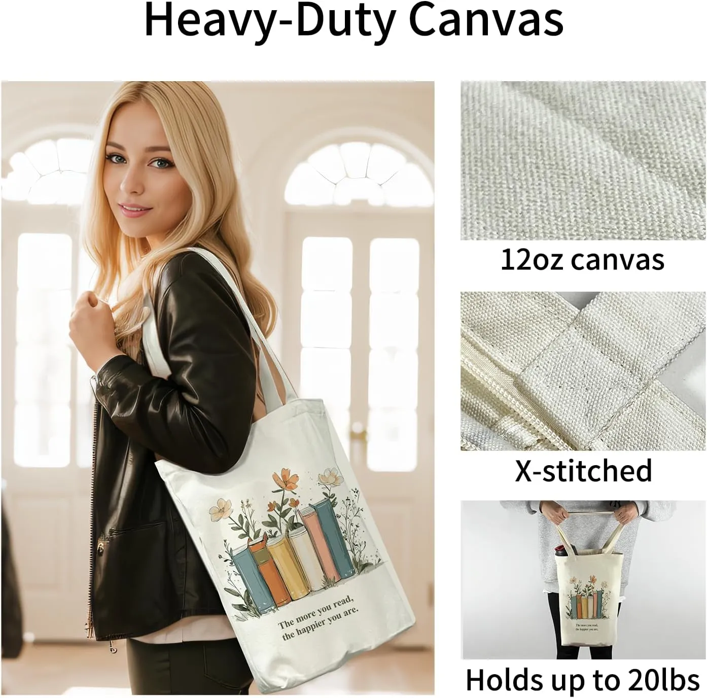 Canvas Tote Bag for Women, Tote Bag with Zipper Inner Pocket, Zippered Canvas Bag for Shopping Work Grocery Everyday