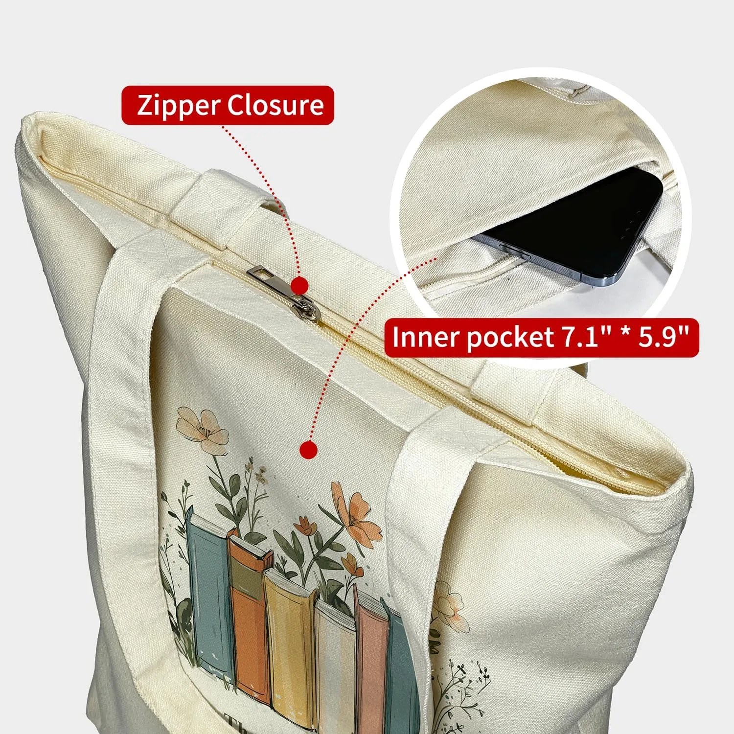 Canvas Tote Bag for Women, Tote Bag with Zipper Inner Pocket, Zippered Canvas Bag for Shopping Work Grocery Everyday