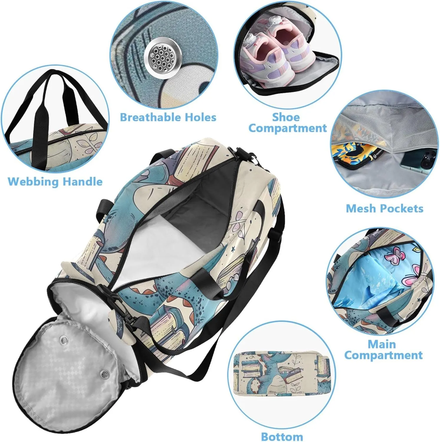 Carry on Duffel for Boys Cute Blue Dinosaur Glasses Overnight Weekender Duffel Girls Tote Duffle Bags Travel Gym Kids Luggage