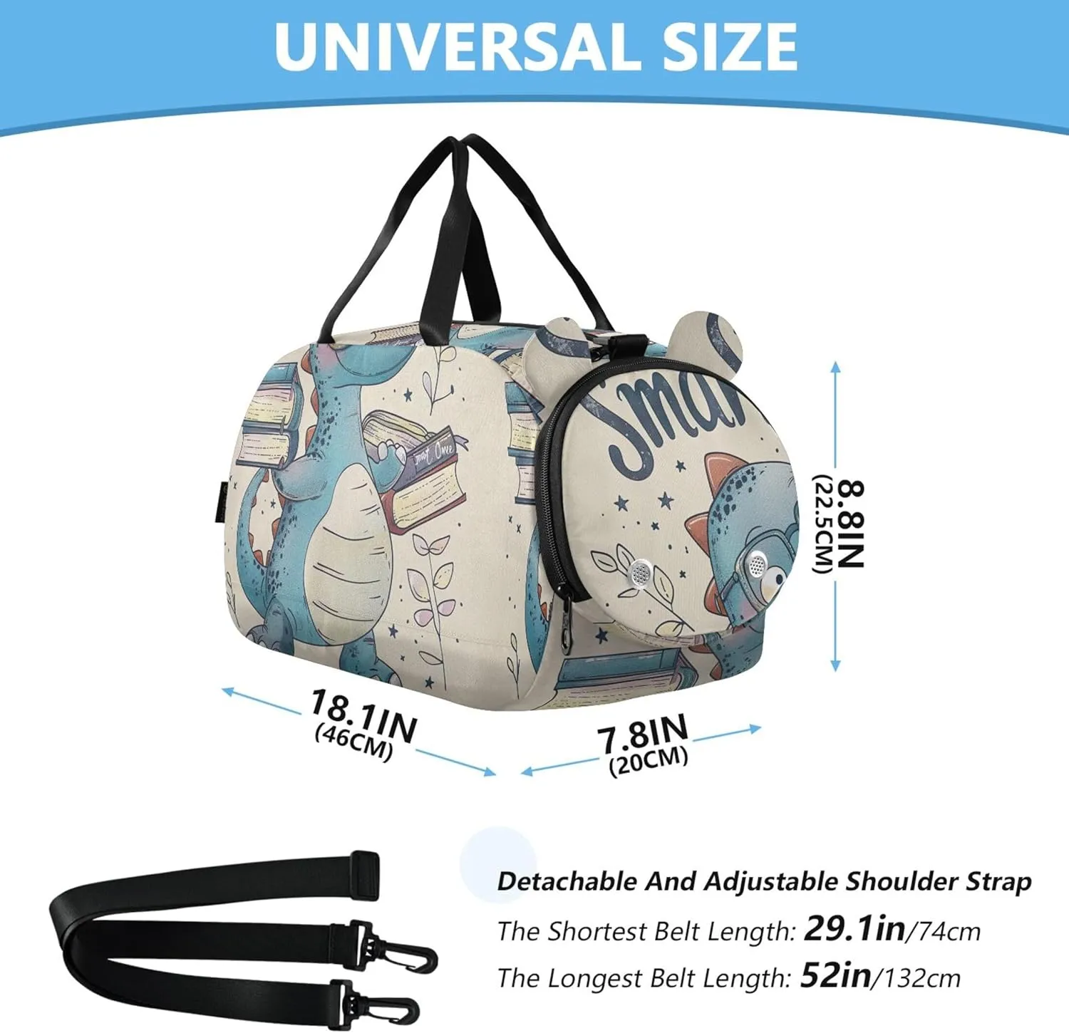 Carry on Duffel for Boys Cute Blue Dinosaur Glasses Overnight Weekender Duffel Girls Tote Duffle Bags Travel Gym Kids Luggage