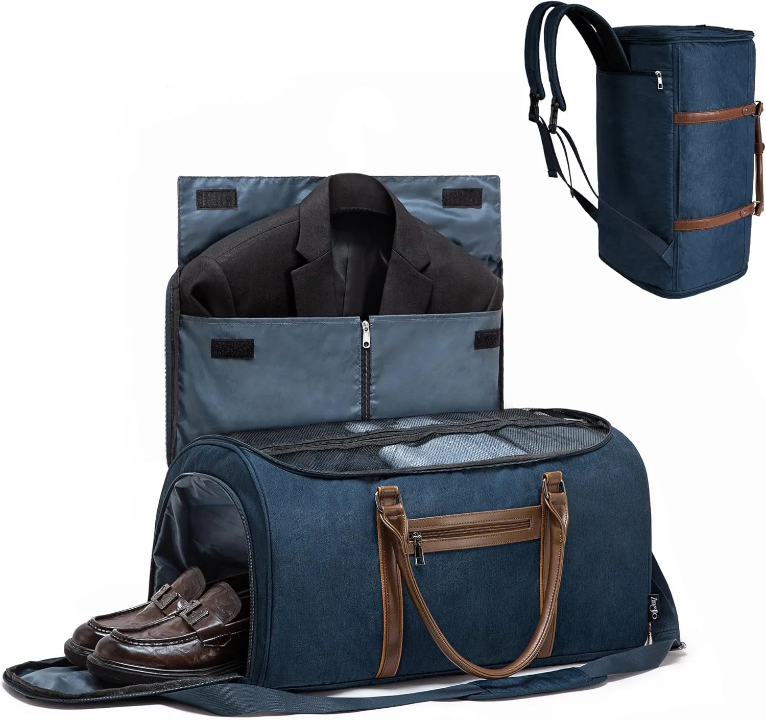 Convertible Garment Bag for travel, Garment Duffle Bag with Organizer Insert Mesh Bag, Carry on Foldable 3 in 1 Hanging Suit Bag with Shoulder Straps for Men Women Large Weekender Bag, Navy Blue