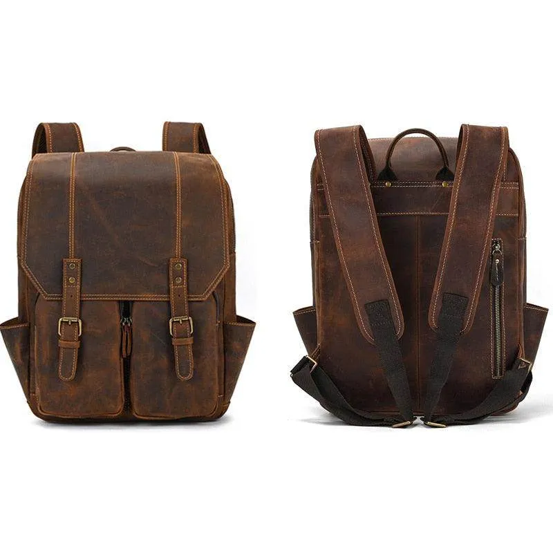 Crazy Horse Leather Backpack Genuine Leather Mens Daypack