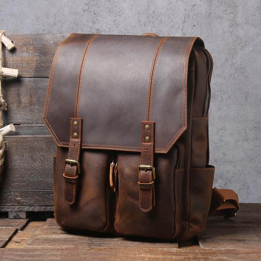 Crazy Horse Leather Backpack Genuine Leather Mens Daypack