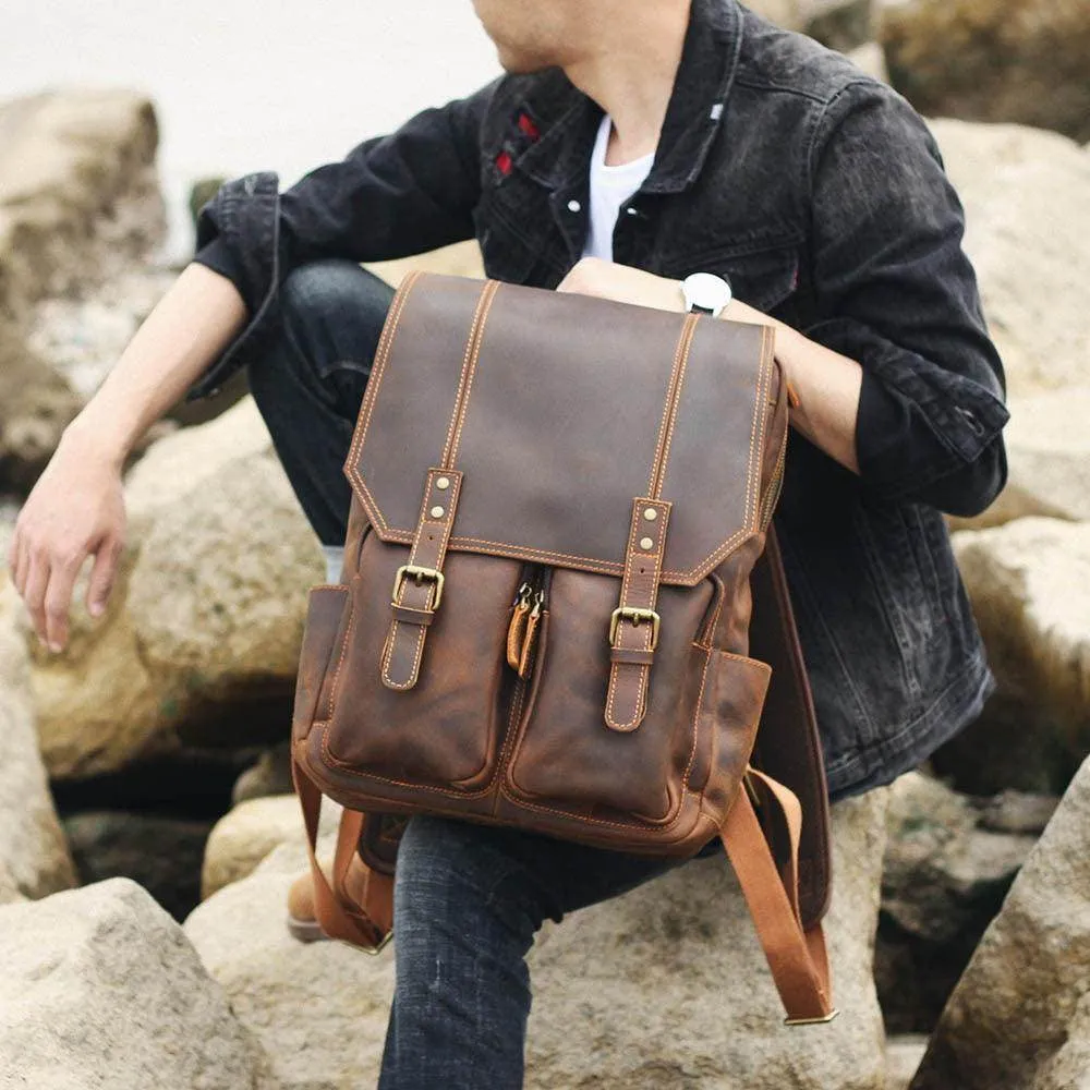 Crazy Horse Leather Backpack Genuine Leather Mens Daypack