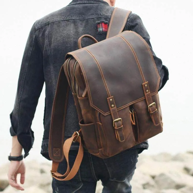 Crazy Horse Leather Backpack Genuine Leather Mens Daypack