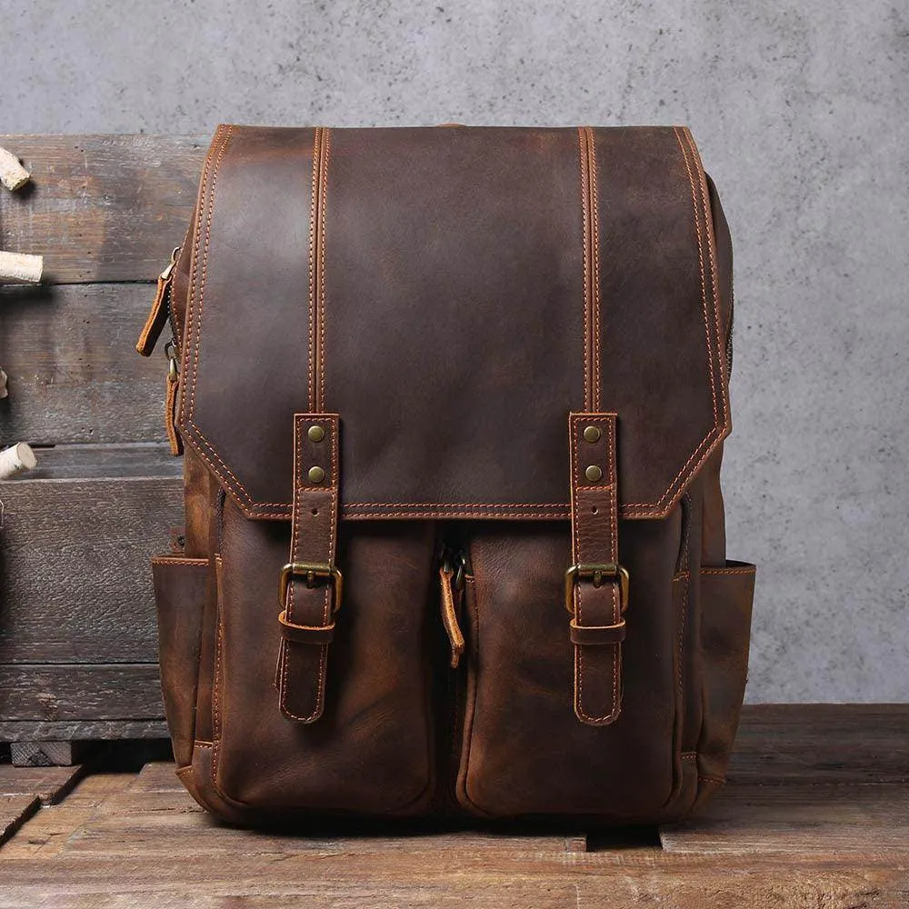 Crazy Horse Leather Backpack Genuine Leather Mens Daypack