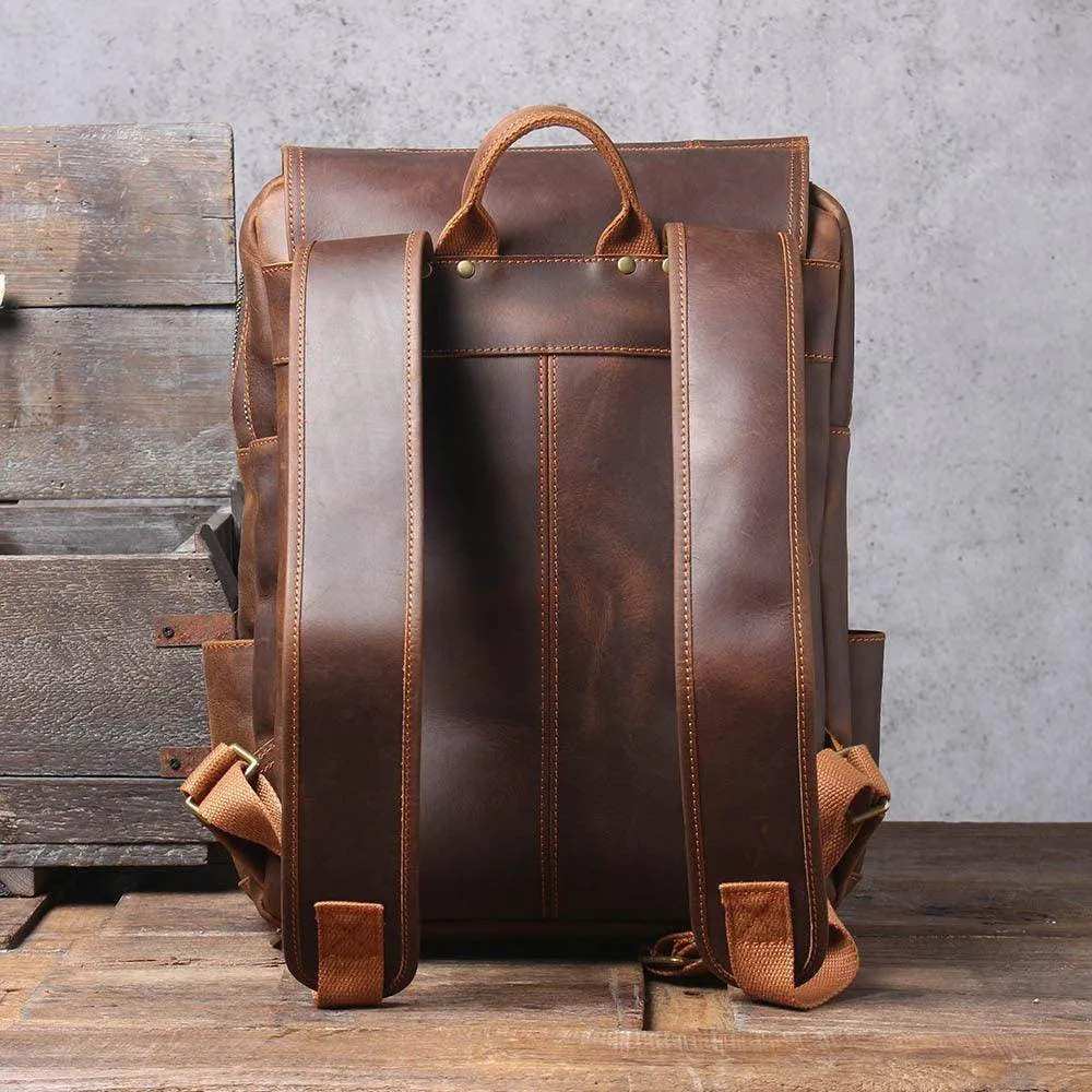 Crazy Horse Leather Backpack Genuine Leather Mens Daypack