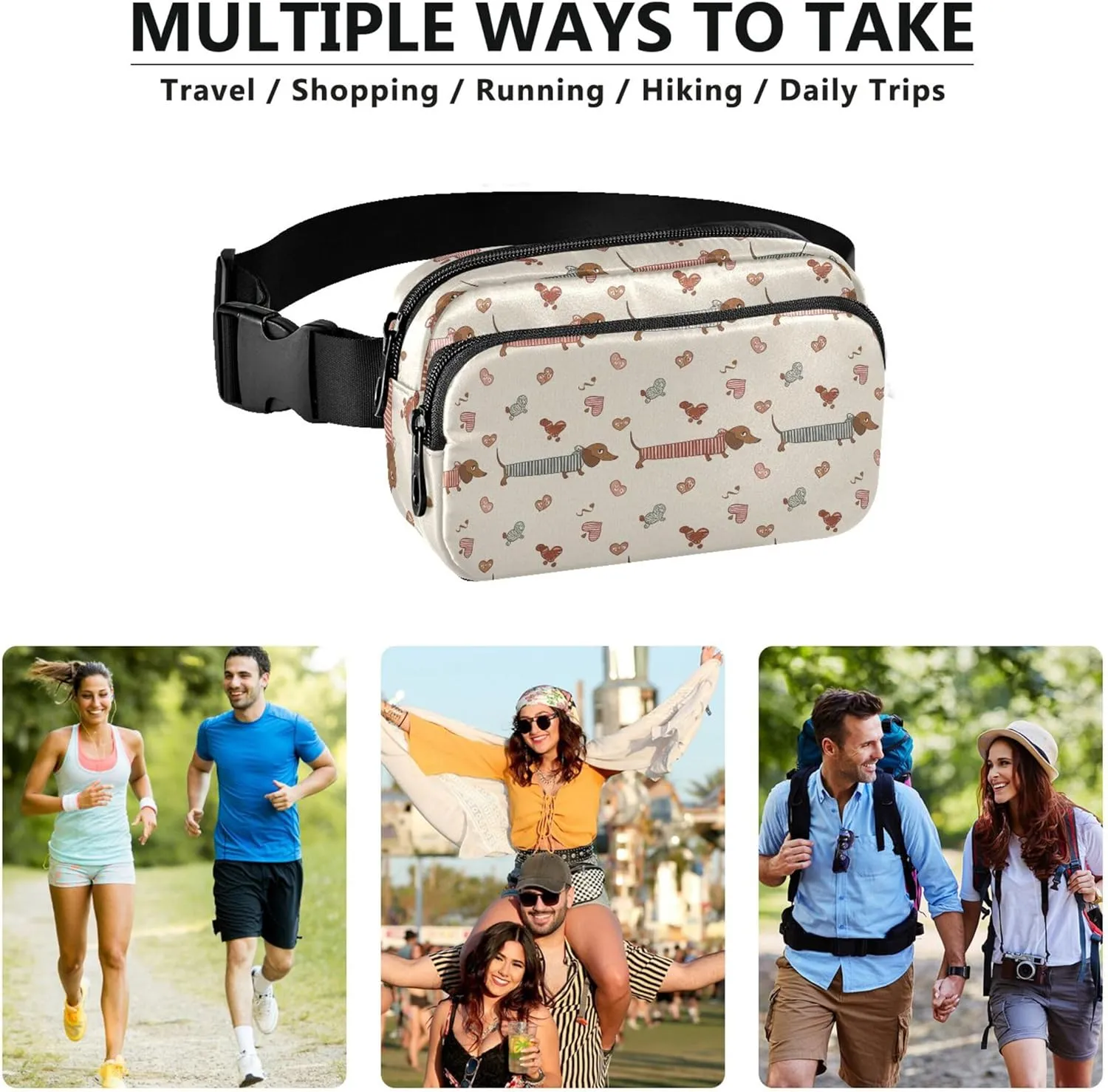 Cute Dachshunds Hearts Stripes Fanny Packs Women Hip Pack Belt Bag Waterproof Festival Travel Waist Pouch