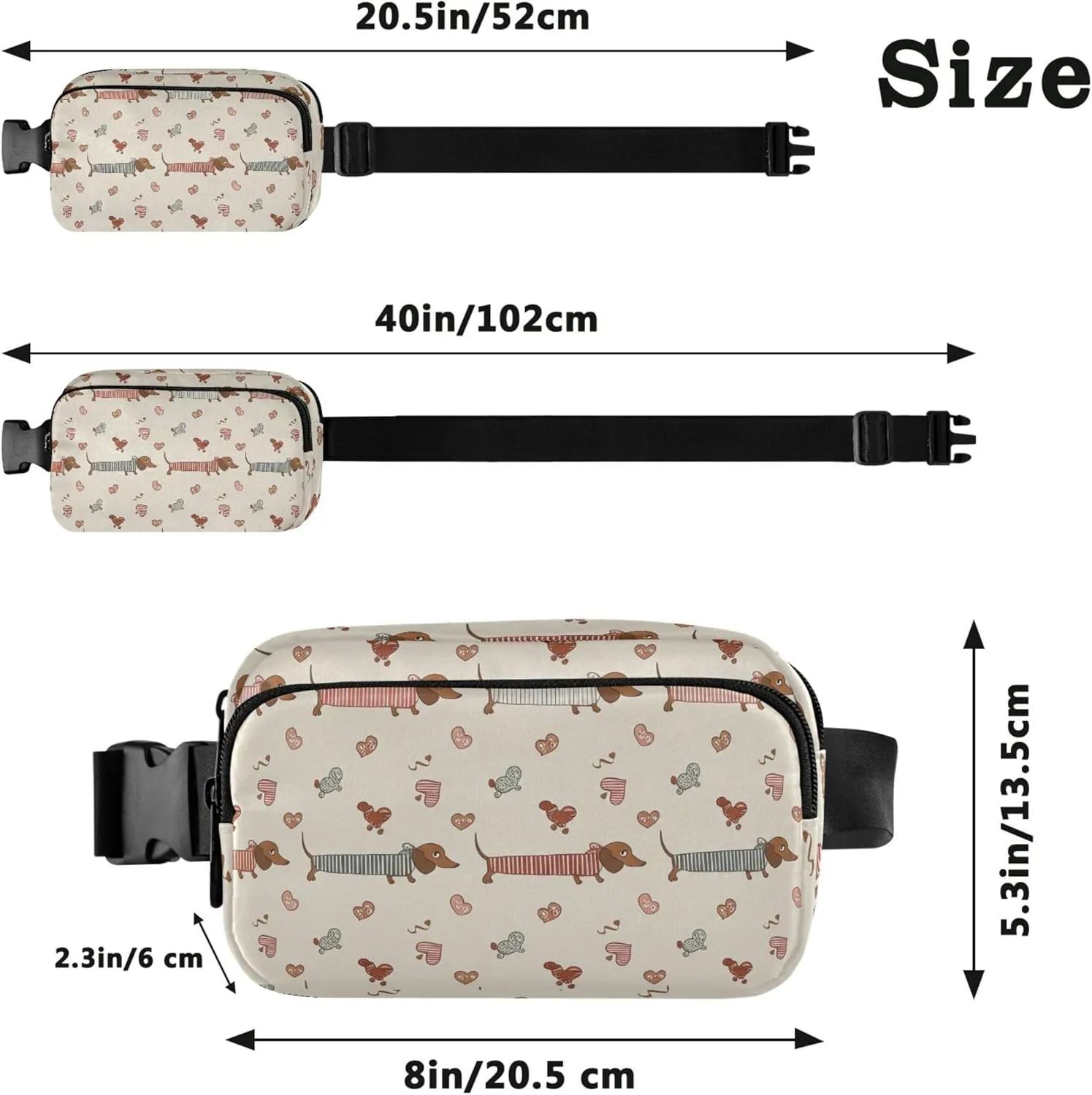 Cute Dachshunds Hearts Stripes Fanny Packs Women Hip Pack Belt Bag Waterproof Festival Travel Waist Pouch