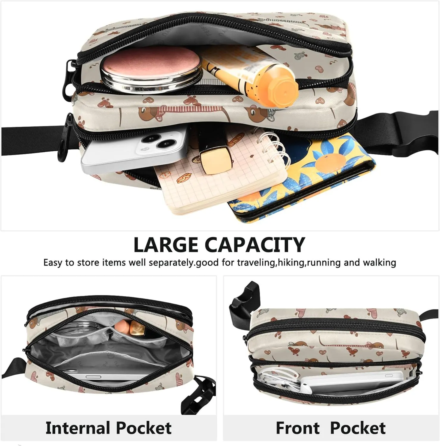 Cute Dachshunds Hearts Stripes Fanny Packs Women Hip Pack Belt Bag Waterproof Festival Travel Waist Pouch