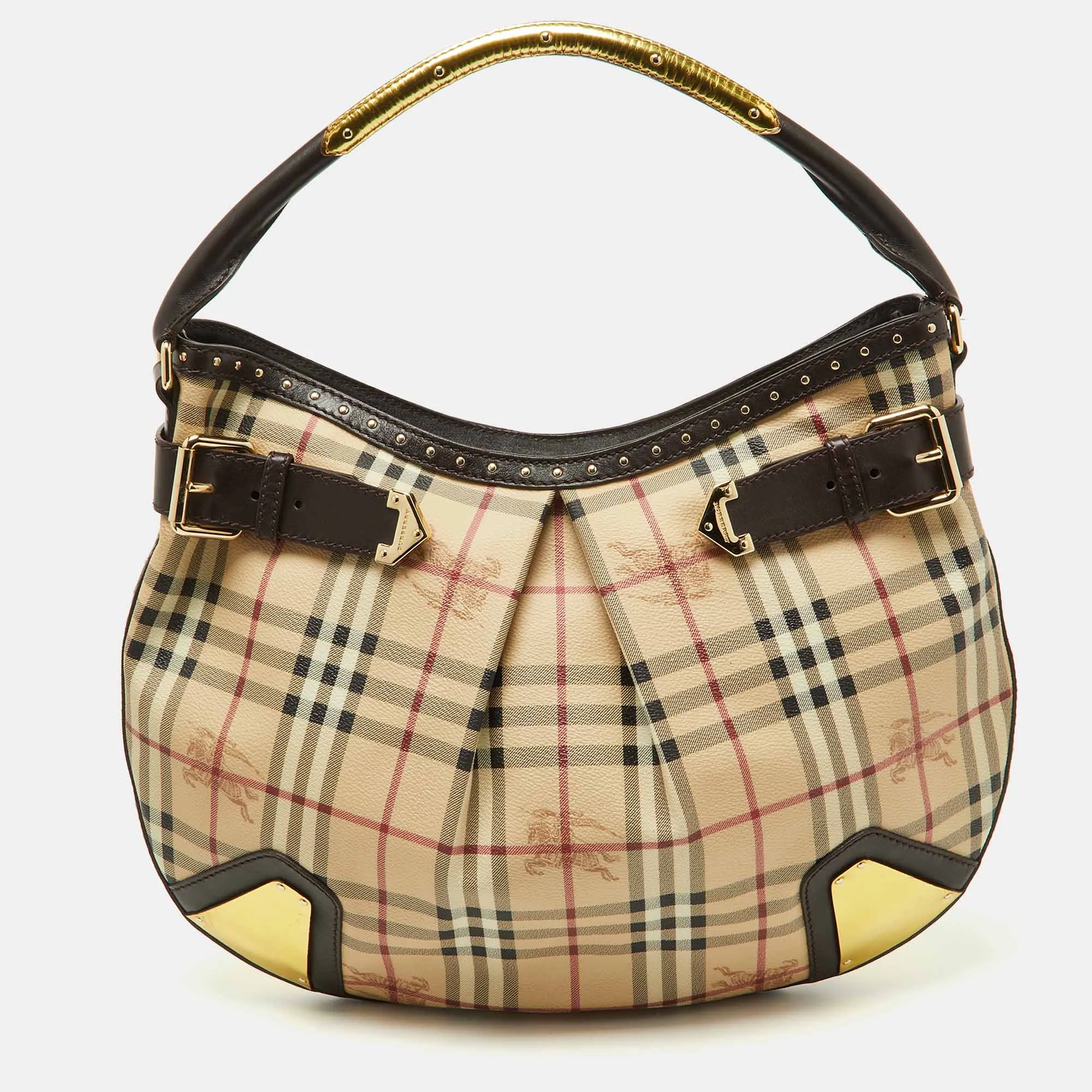 Dark Brown/Beige House Check PVC and Leather Studded Hartley Hobo
