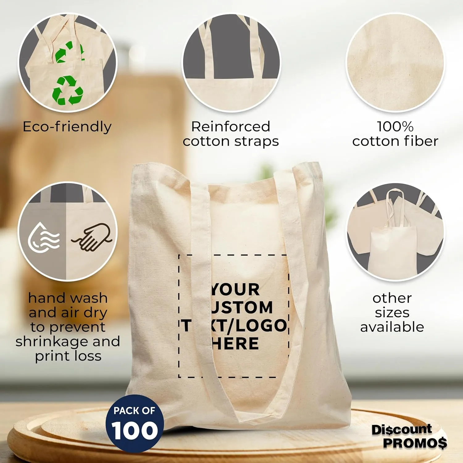 DISCOUNT PROMOS Custom Cotton Tote Bags (Set of 100) - Personalized, Reusable & Eco-Friendly - Perfect for Grocery, Promotions, Branding - Natural Color, 13.5"X14.25", 5 OZ Cotton