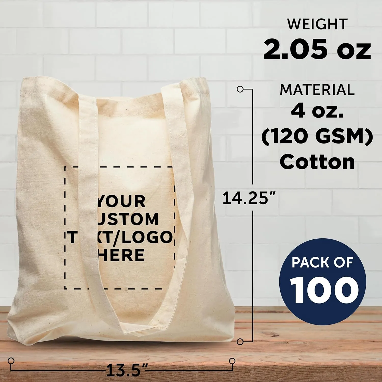 DISCOUNT PROMOS Custom Cotton Tote Bags (Set of 100) - Personalized, Reusable & Eco-Friendly - Perfect for Grocery, Promotions, Branding - Natural Color, 13.5"X14.25", 5 OZ Cotton