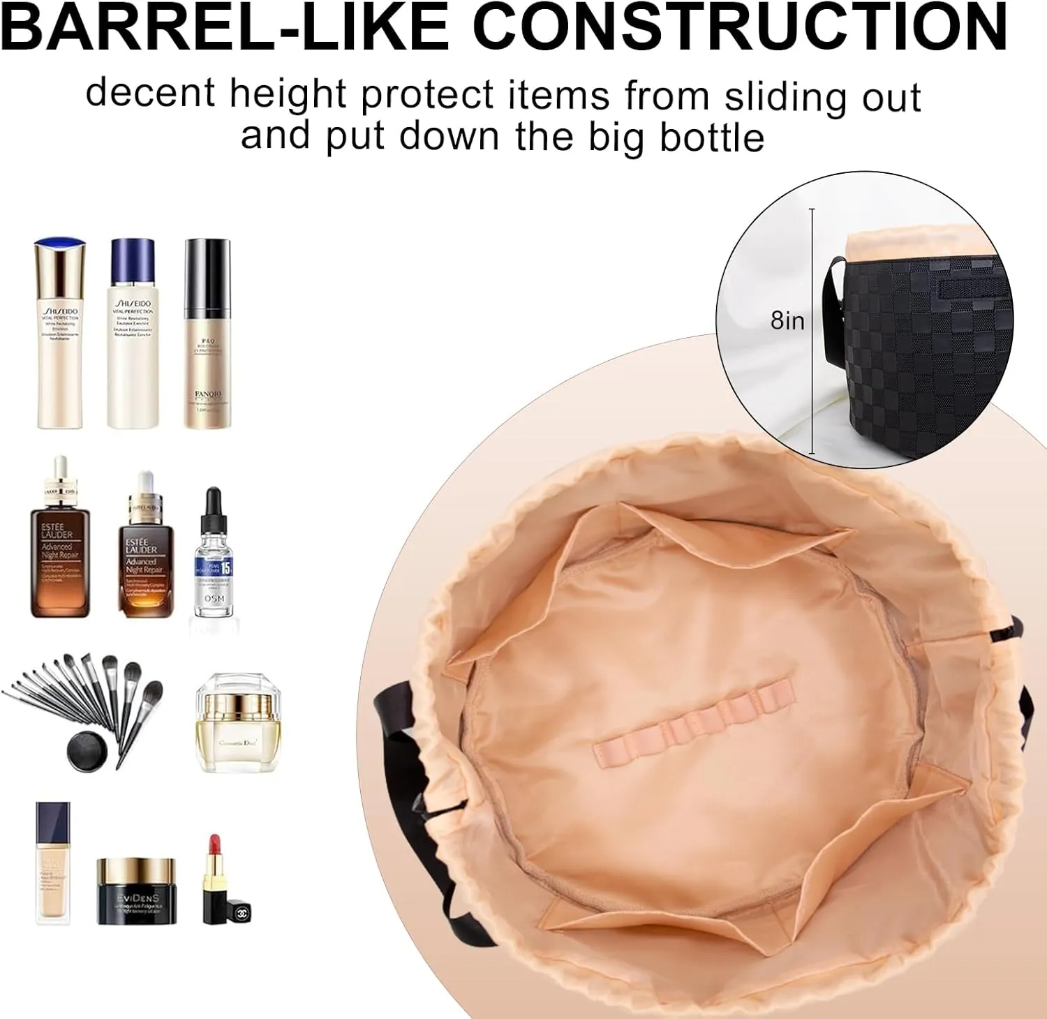 Drawstring Makeup Organizer,Lay Barrel Makeup Bag Cosmetic Bag Toiletry Bag for Travel,Portable Waterproof Make Up Bags for Women Brush Toiletries Accessories (Black Checkerd, Large)