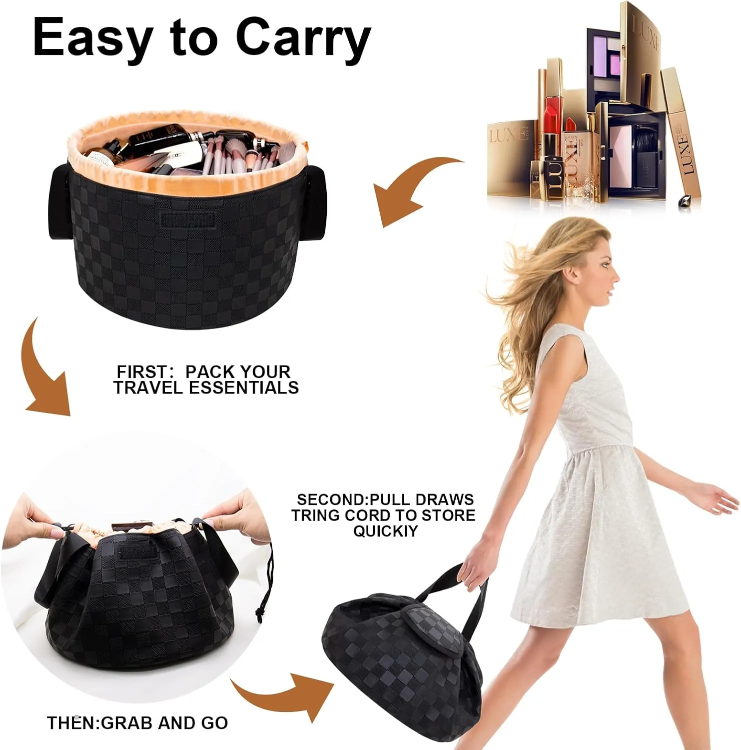 Drawstring Makeup Organizer,Lay Barrel Makeup Bag Cosmetic Bag Toiletry Bag for Travel,Portable Waterproof Make Up Bags for Women Brush Toiletries Accessories (Black Checkerd, Large)