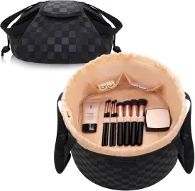 Drawstring Makeup Organizer,Lay Barrel Makeup Bag Cosmetic Bag Toiletry Bag for Travel,Portable Waterproof Make Up Bags for Women Brush Toiletries Accessories (Black Checkerd, Large)
