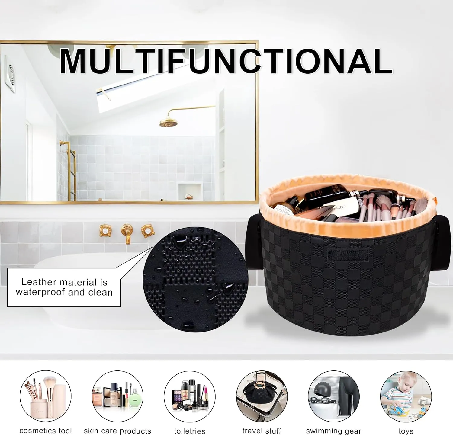 Drawstring Makeup Organizer,Lay Barrel Makeup Bag Cosmetic Bag Toiletry Bag for Travel,Portable Waterproof Make Up Bags for Women Brush Toiletries Accessories (Black Checkerd, Large)