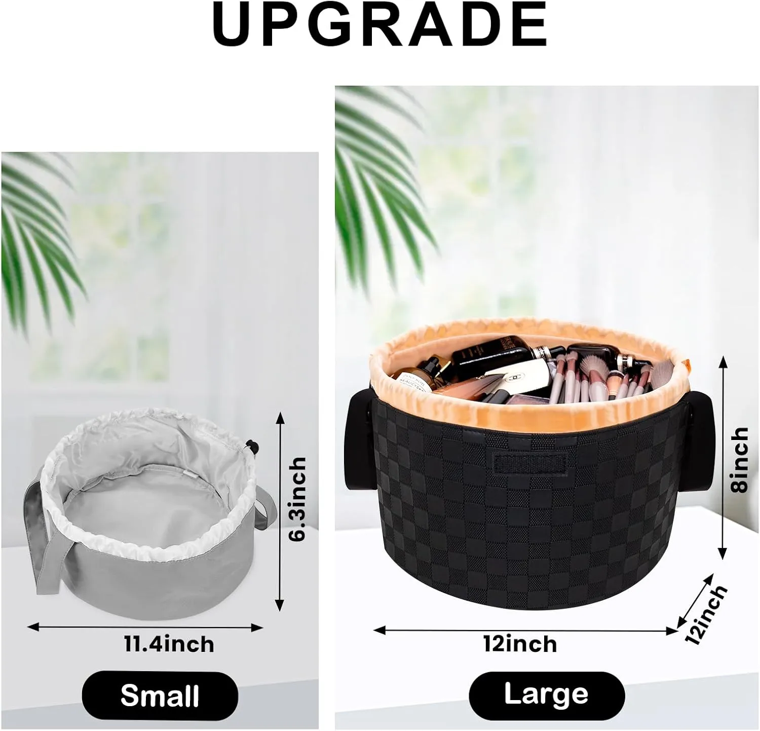 Drawstring Makeup Organizer,Lay Barrel Makeup Bag Cosmetic Bag Toiletry Bag for Travel,Portable Waterproof Make Up Bags for Women Brush Toiletries Accessories (Black Checkerd, Large)