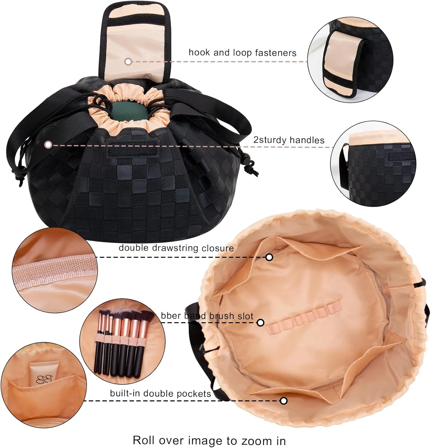 Drawstring Makeup Organizer,Lay Barrel Makeup Bag Cosmetic Bag Toiletry Bag for Travel,Portable Waterproof Make Up Bags for Women Brush Toiletries Accessories (Black Checkerd, Large)