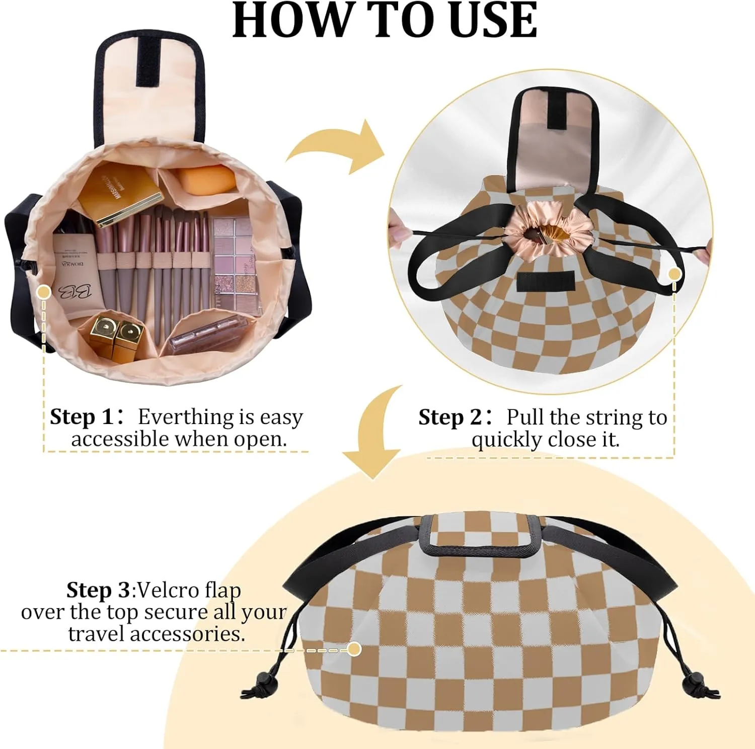 Drawstring Makeup Organizer,Lay Barrel Makeup Bag Cosmetic Bag Toiletry Bag for Travel,Portable Waterproof Make Up Bags for Women Brush Toiletries Accessories (Khaki, Small)