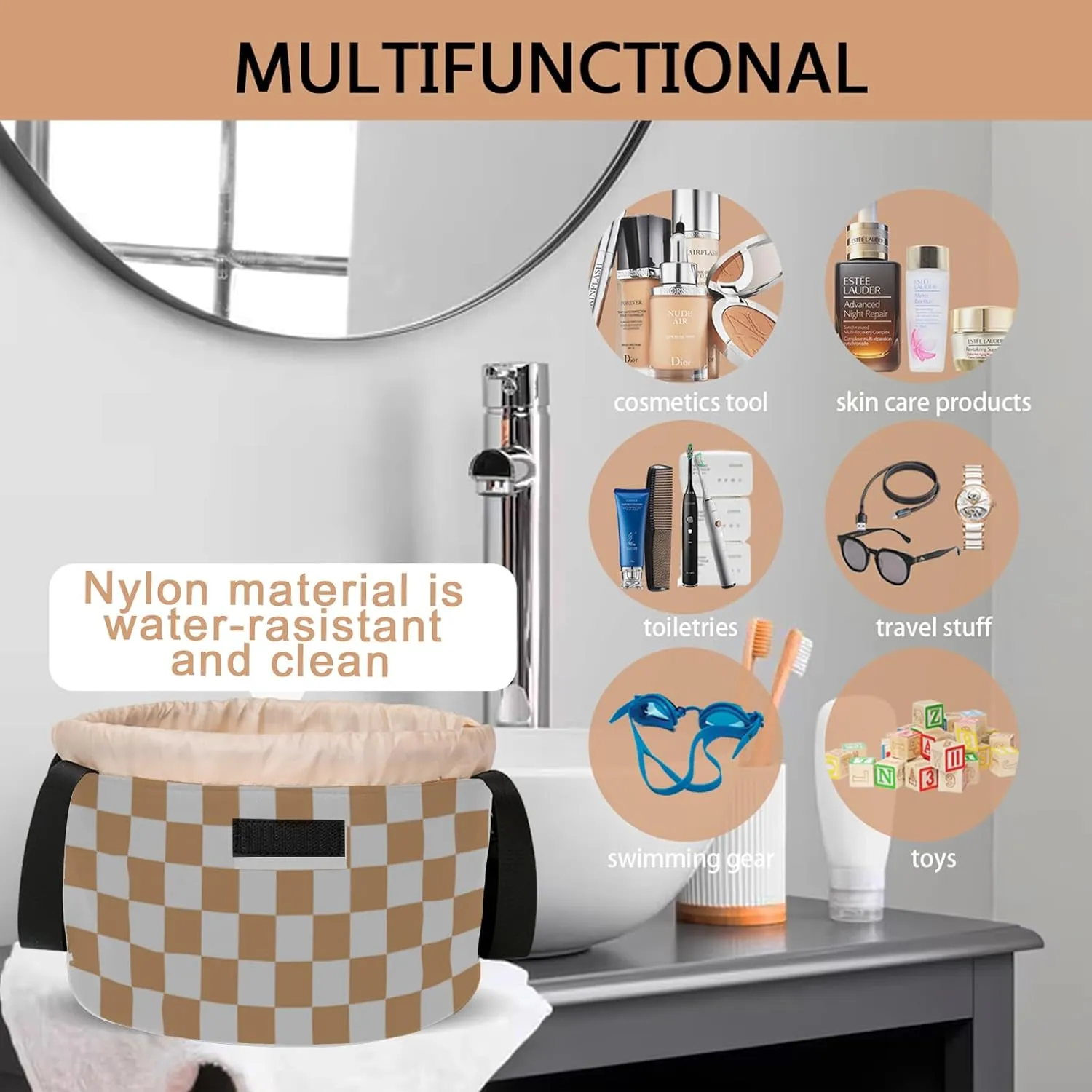 Drawstring Makeup Organizer,Lay Barrel Makeup Bag Cosmetic Bag Toiletry Bag for Travel,Portable Waterproof Make Up Bags for Women Brush Toiletries Accessories (Khaki, Small)