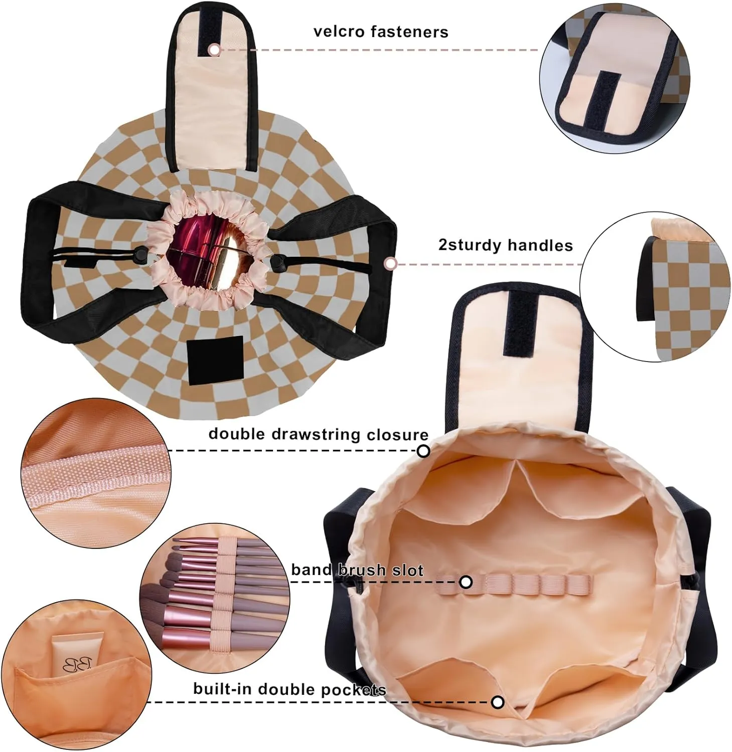Drawstring Makeup Organizer,Lay Barrel Makeup Bag Cosmetic Bag Toiletry Bag for Travel,Portable Waterproof Make Up Bags for Women Brush Toiletries Accessories (Khaki, Small)