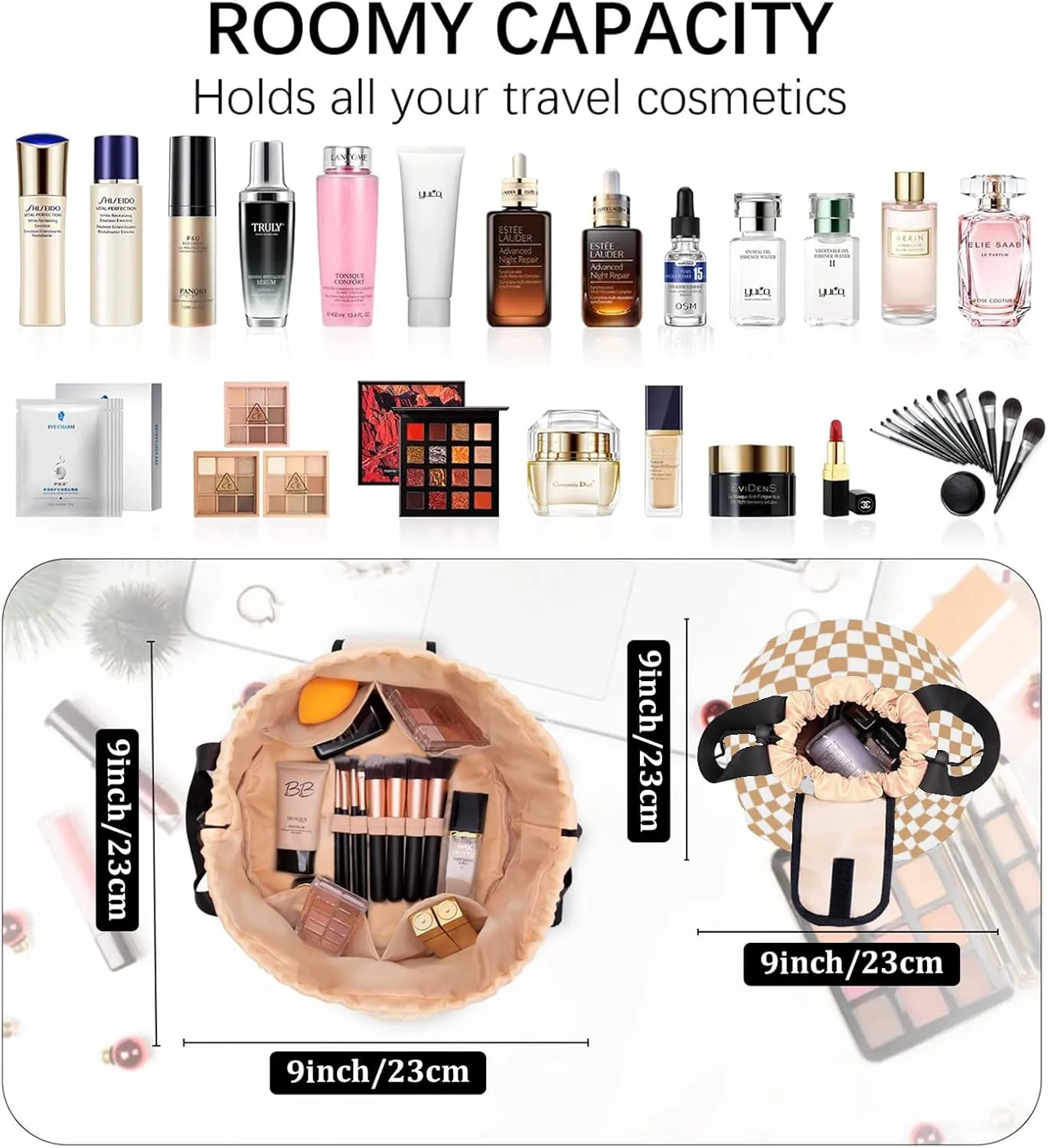 Drawstring Makeup Organizer,Lay Barrel Makeup Bag Cosmetic Bag Toiletry Bag for Travel,Portable Waterproof Make Up Bags for Women Brush Toiletries Accessories (Khaki, Small)