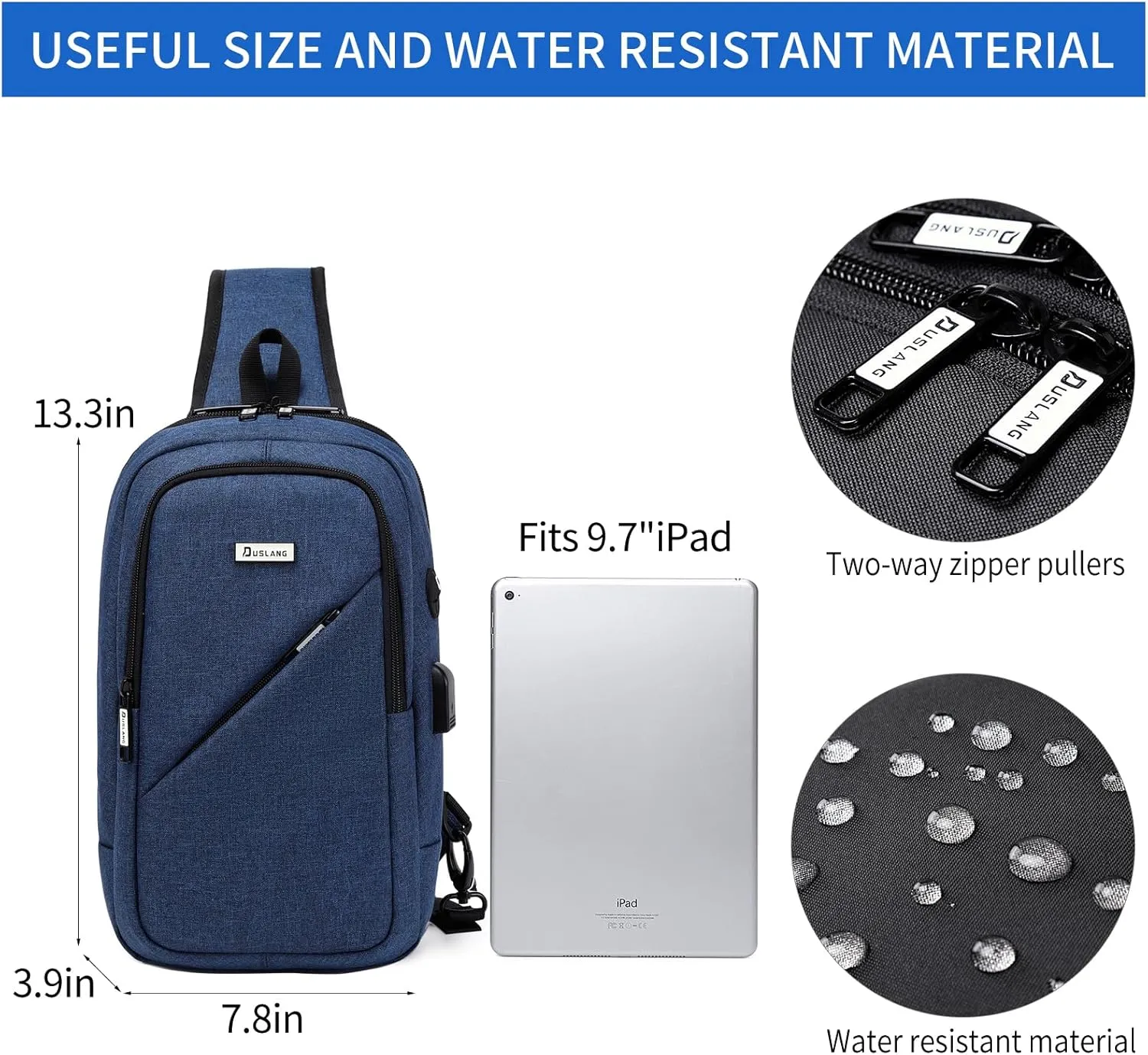 DUSLANG Crossbody Sling Backpacks for Men, Casual Shoulder Backpack Daypack Chest Bags with USB Charger Port For Camping Biking Travel Cycling