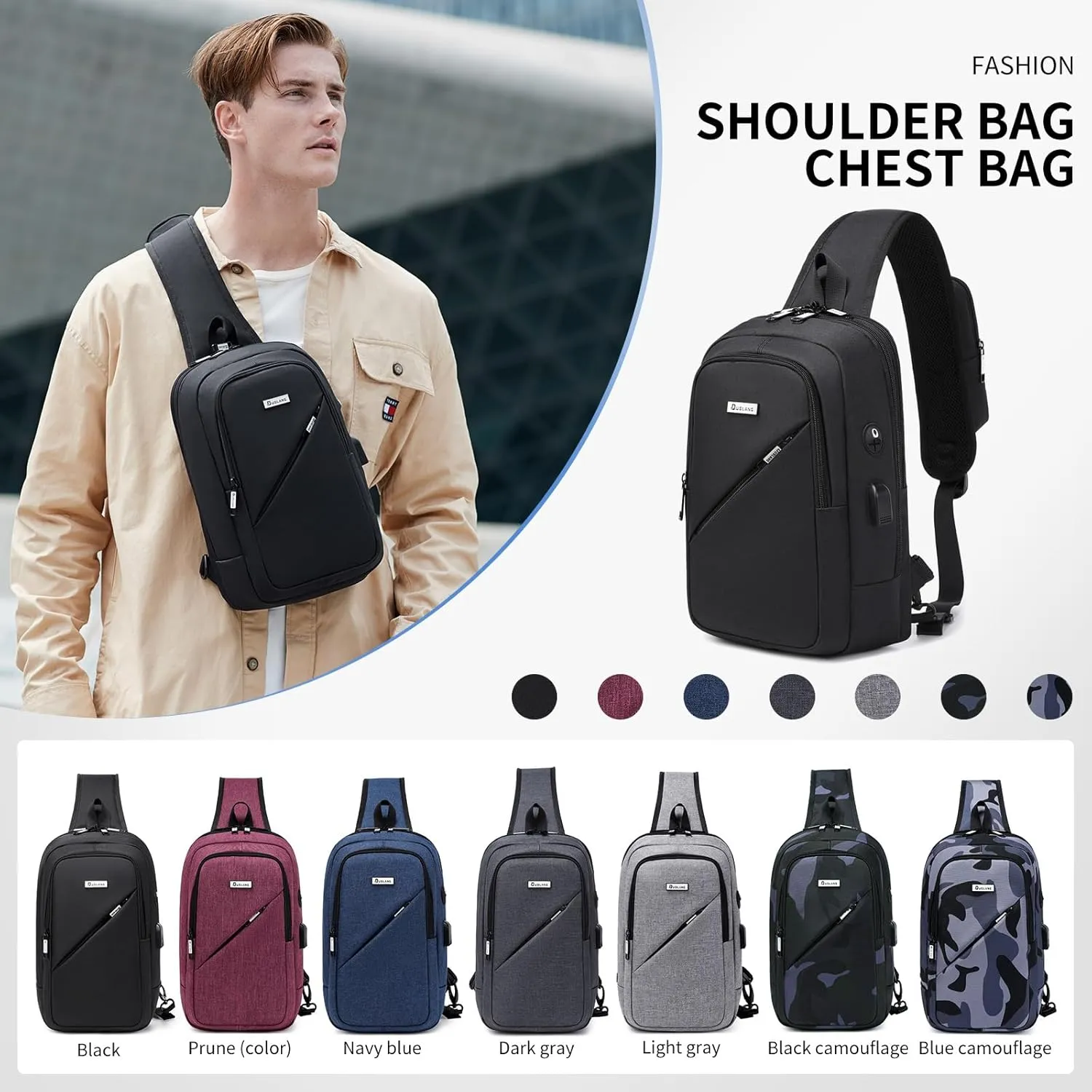 DUSLANG Crossbody Sling Backpacks for Men, Casual Shoulder Backpack Daypack Chest Bags with USB Charger Port For Camping Biking Travel Cycling
