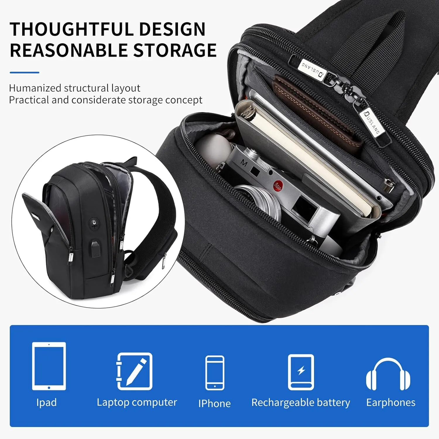 DUSLANG Crossbody Sling Backpacks for Men, Casual Shoulder Backpack Daypack Chest Bags with USB Charger Port For Camping Biking Travel Cycling