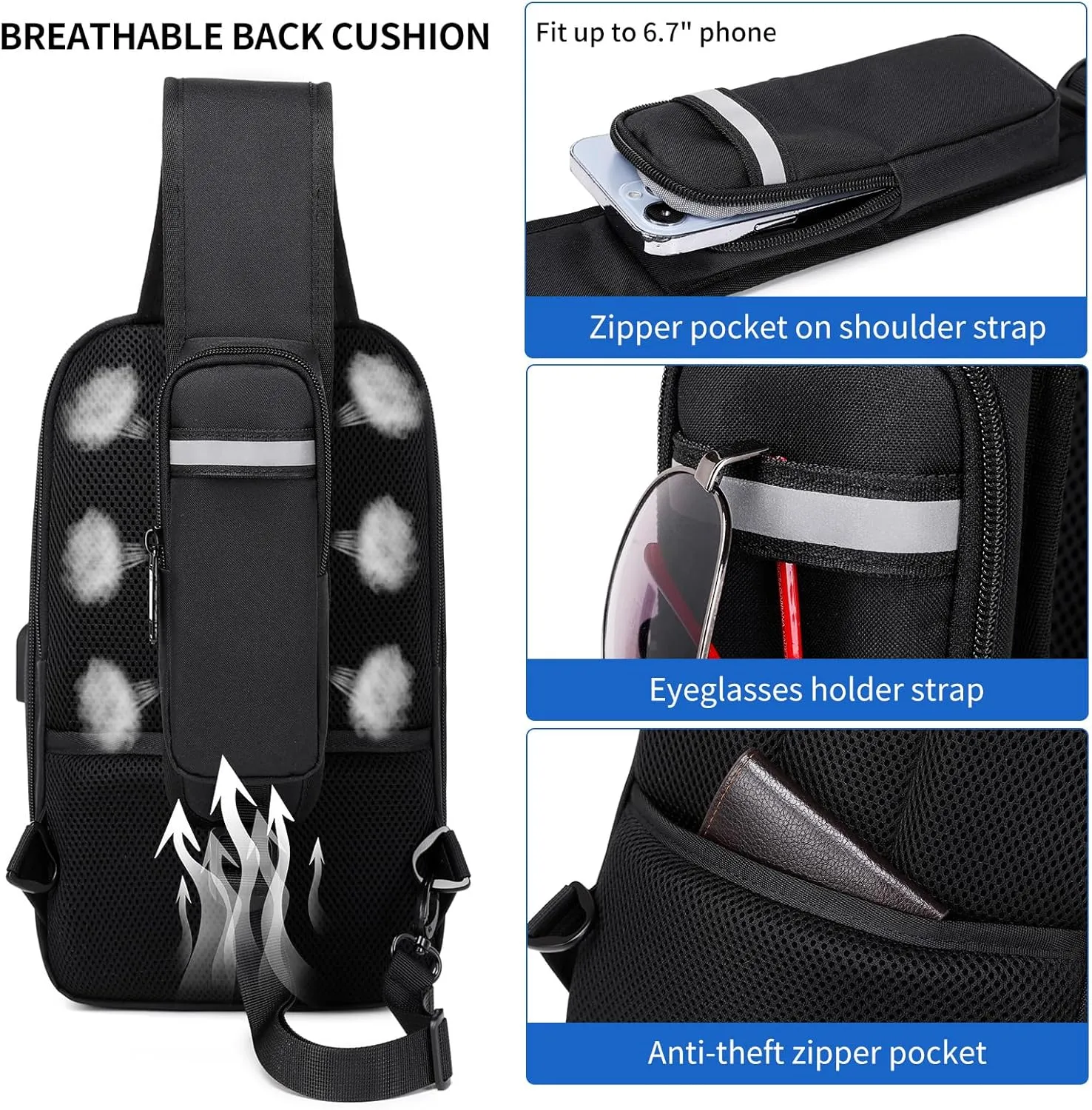 DUSLANG Crossbody Sling Backpacks for Men, Casual Shoulder Backpack Daypack Chest Bags with USB Charger Port For Camping Biking Travel Cycling