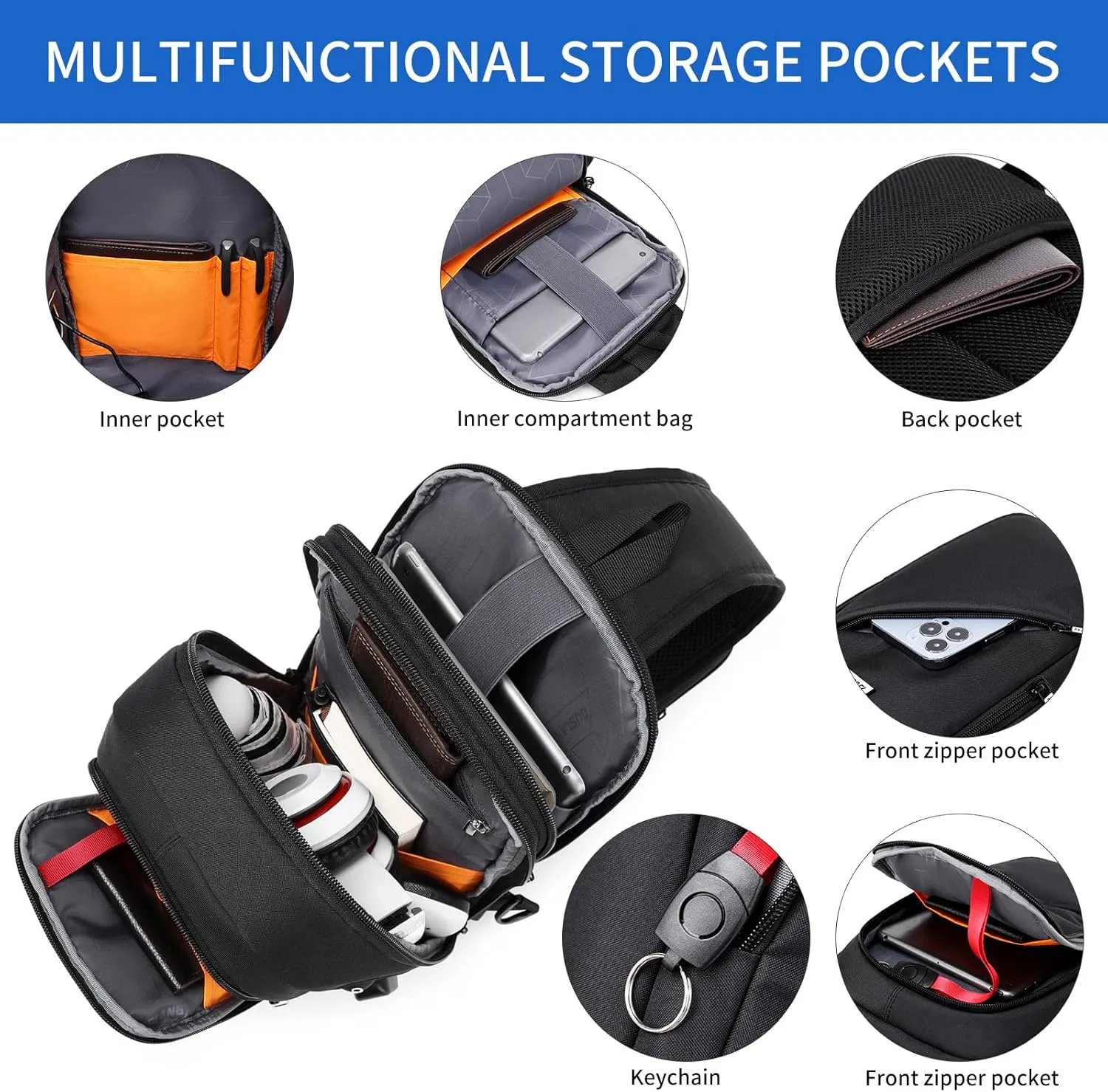 DUSLANG Crossbody Sling Backpacks for Men, Casual Shoulder Backpack Daypack Chest Bags with USB Charger Port For Camping Biking Travel Cycling