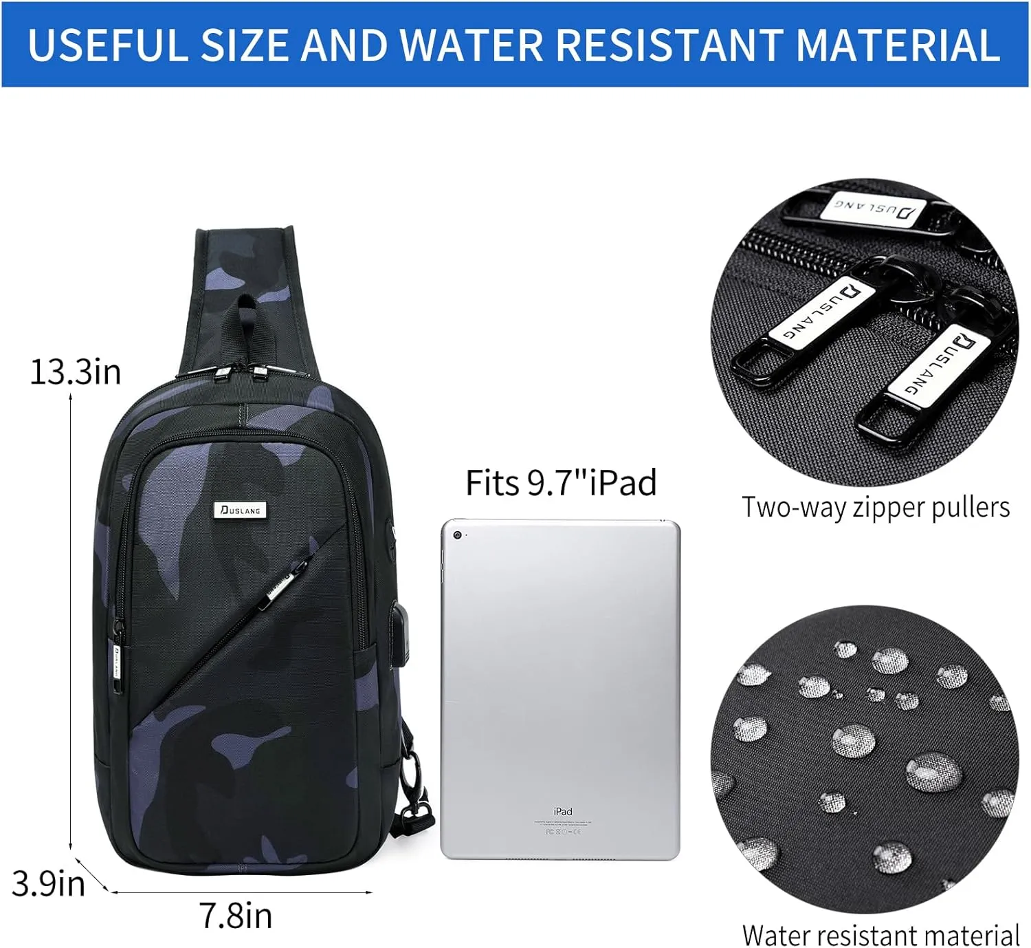DUSLANG Crossbody Sling Backpacks for Men, Casual Shoulder Backpack Daypack Chest Bags with USB Charger Port For Camping Biking Travel Cycling