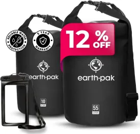 Earth Pak Waterproof Dry Bag - Roll Top Waterproof Backpack Sack (Black 55L & 10L)