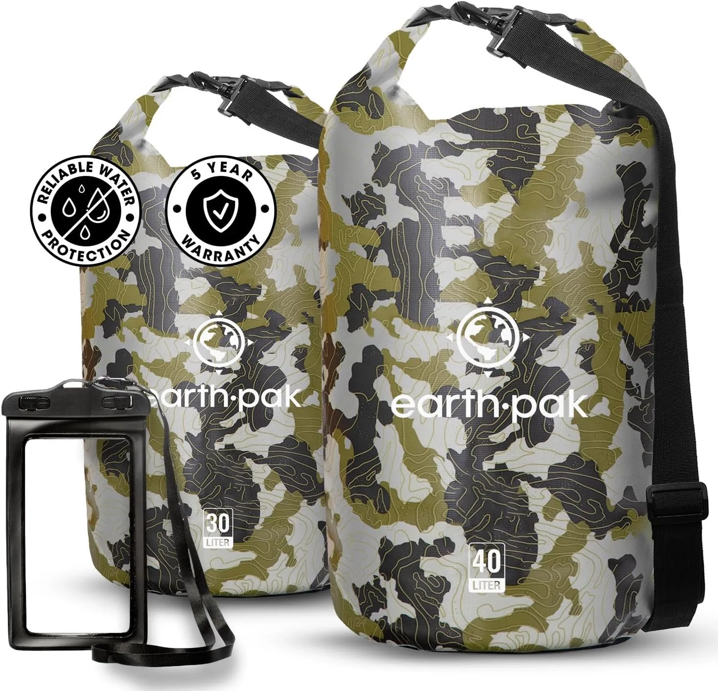 Earth Pak Waterproof Dry Bag - Roll Top Waterproof Backpack Sack (Camo 40L & 30L)