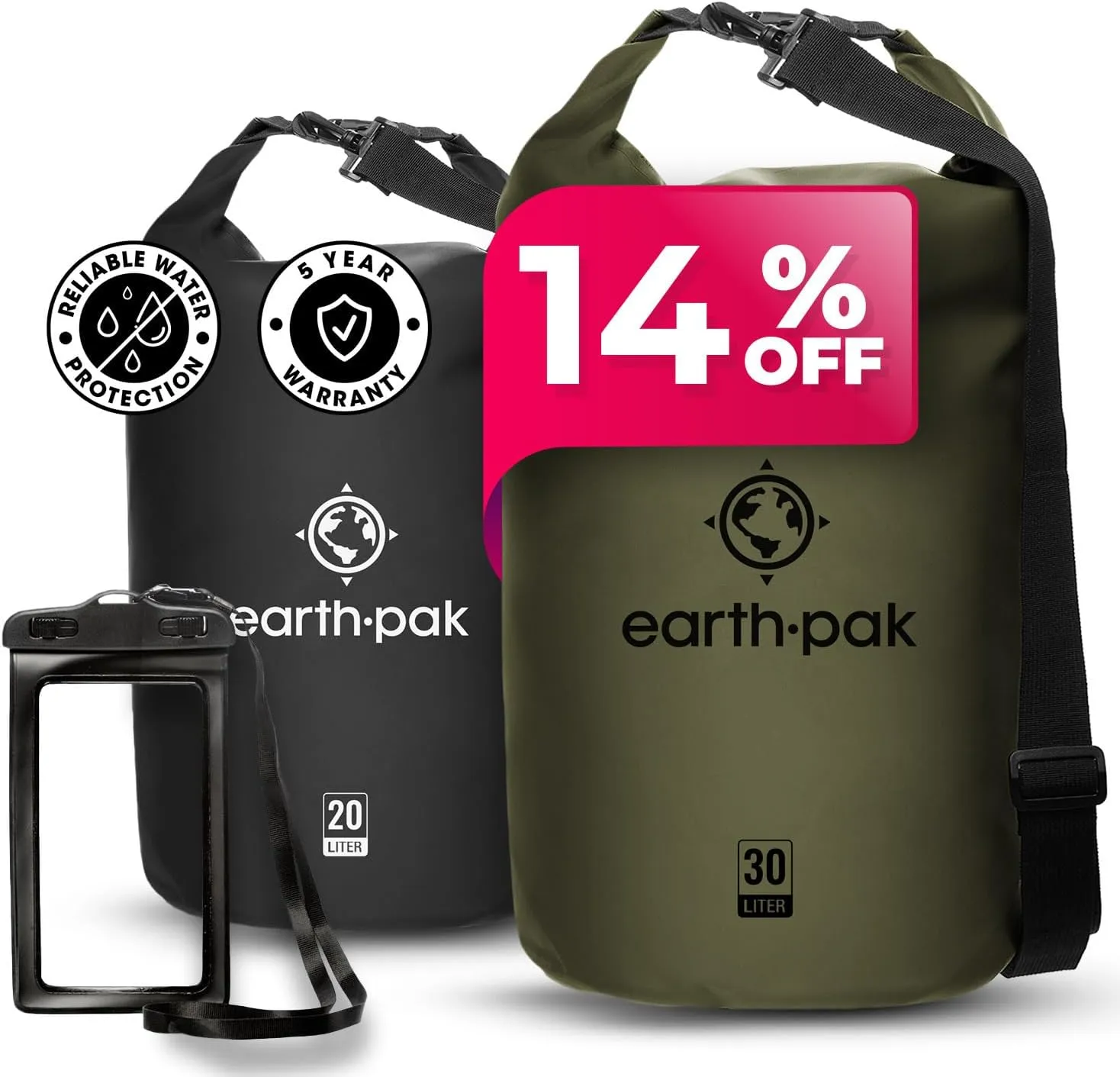 Earth Pak Waterproof Dry Bag - Roll Top Waterproof Backpack Sack (Forest Green 30L & Black 20L)