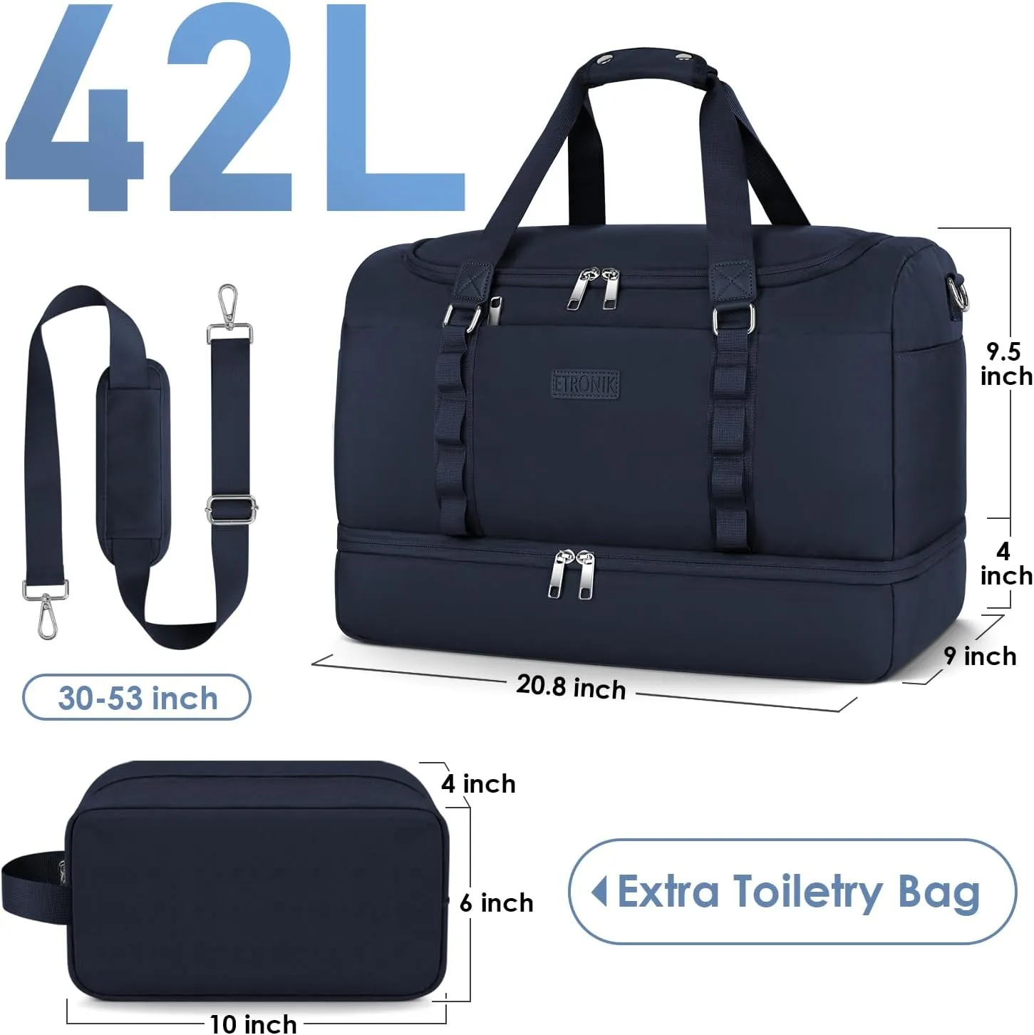 ETRONIK Duffle Bag for Men Women, Travel Bag with Shoe Compartment, Carry on Bags for Airplanes with Toiletry Bag, Weekender Overnight Bag for Gym Sports Trip, Blue