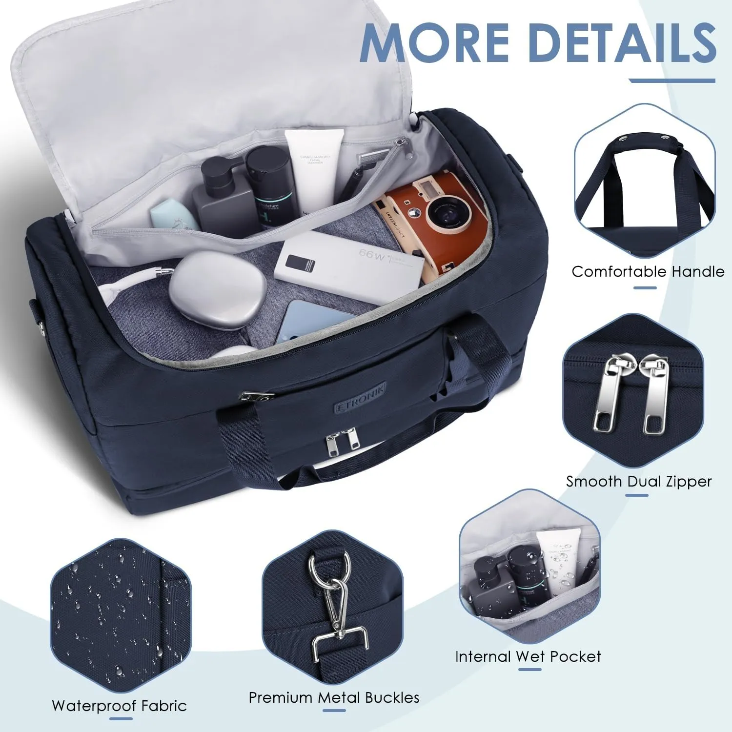 ETRONIK Duffle Bag for Men Women, Travel Bag with Shoe Compartment, Carry on Bags for Airplanes with Toiletry Bag, Weekender Overnight Bag for Gym Sports Trip, Blue