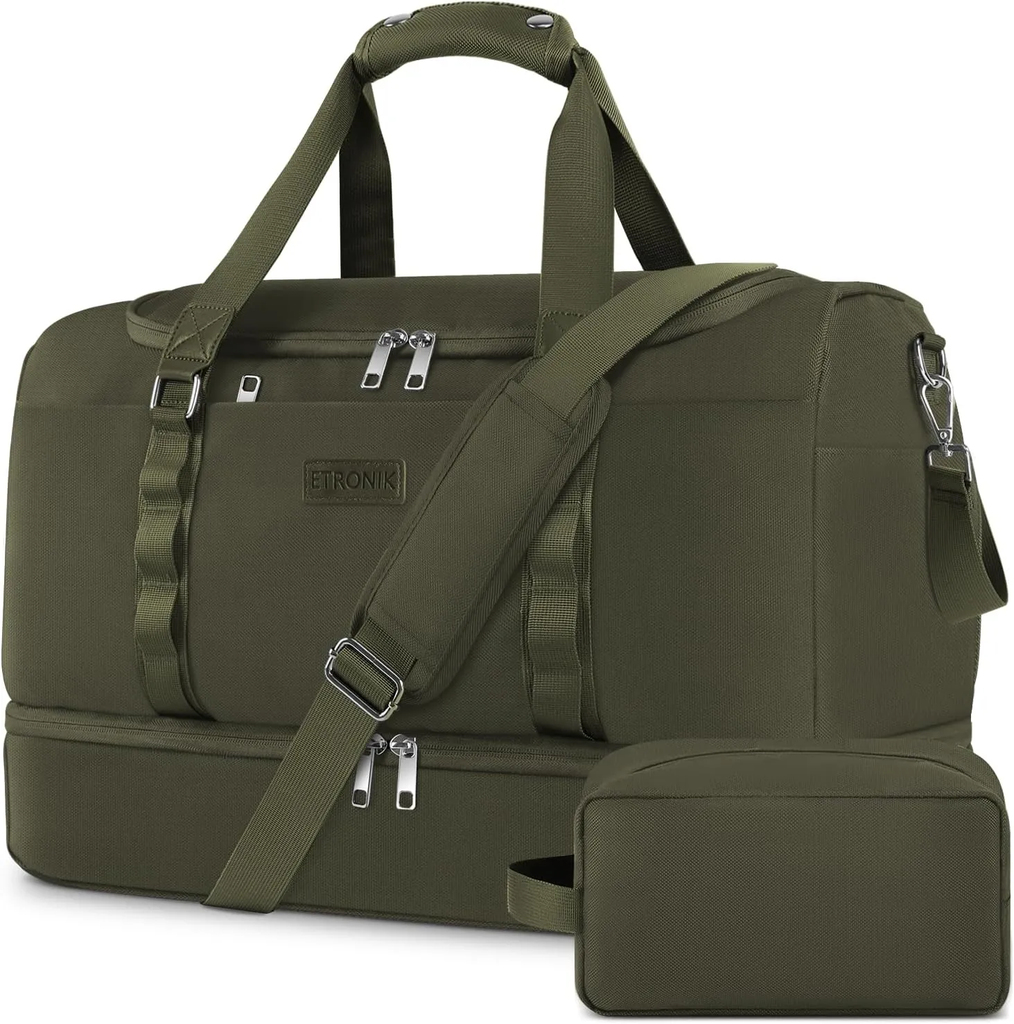 ETRONIK Duffle Bag for Men Women, Travel Bag with Shoe Compartment, Carry on Bags for Airplanes with Toiletry Bag, Weekender Overnight Bag for Gym Sports Trip, Green