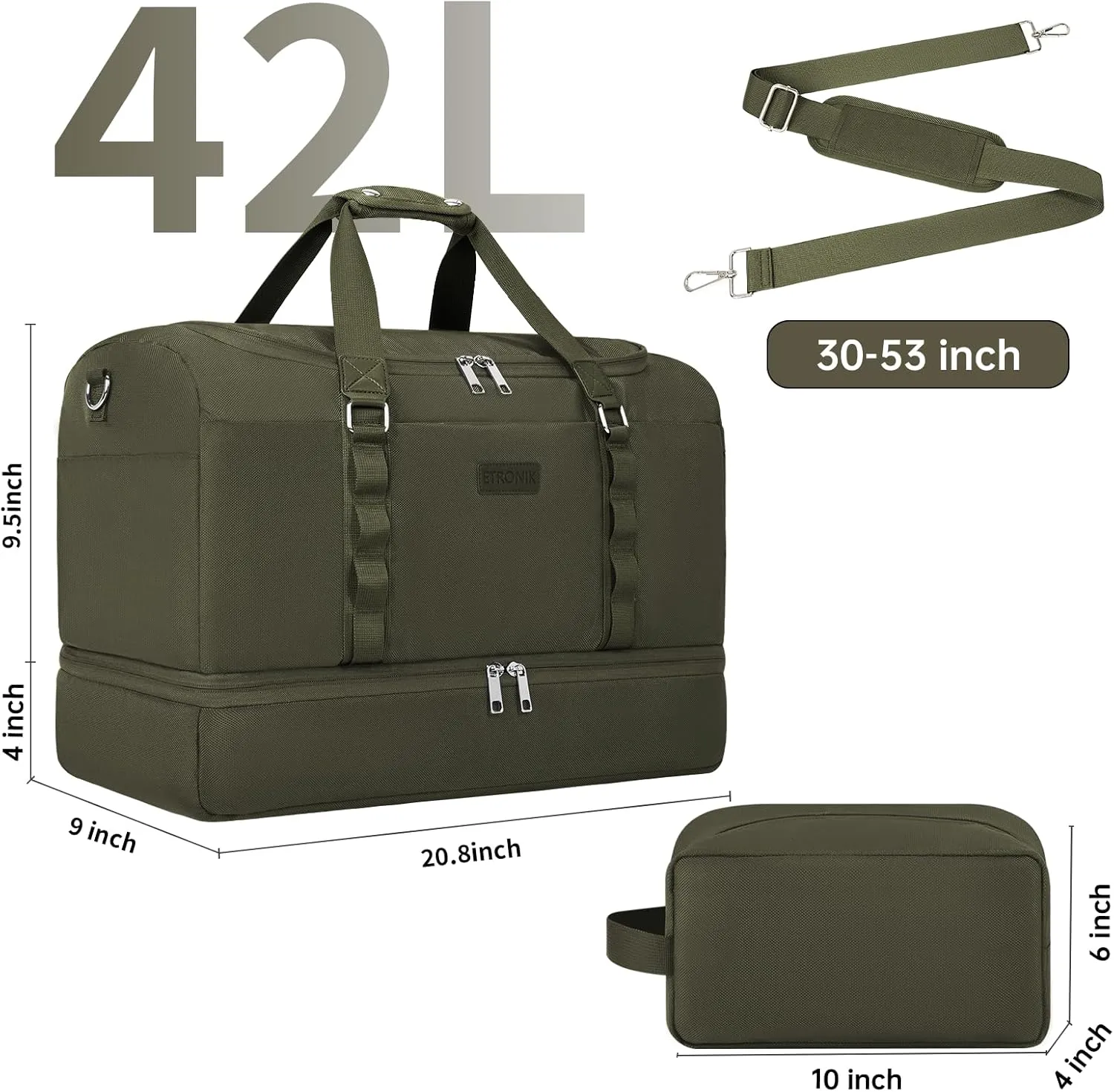 ETRONIK Duffle Bag for Men Women, Travel Bag with Shoe Compartment, Carry on Bags for Airplanes with Toiletry Bag, Weekender Overnight Bag for Gym Sports Trip, Green