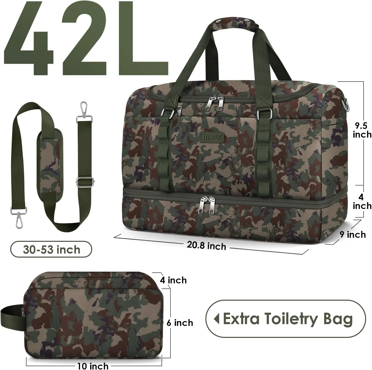 ETRONIK Tactical Duffle Bag for Men, Waterproof Travel Bag with Shoe Compartment, Military Weekender Overnight Bag with Toiletry Bag, Carry on Bags for Airplanes for Travel, Trip, Gym, Camouflage