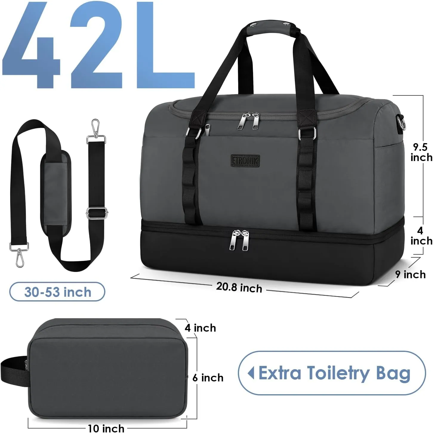 ETRONIK Travel Bag for Men Women, Duffle & Gym Bag with Shoe Compartment, Weekender Overnight Bag with Toiletry Bag, Carry on Bags for Airplanes for Travel, Trip, Gym, Yoga, Black-Grey