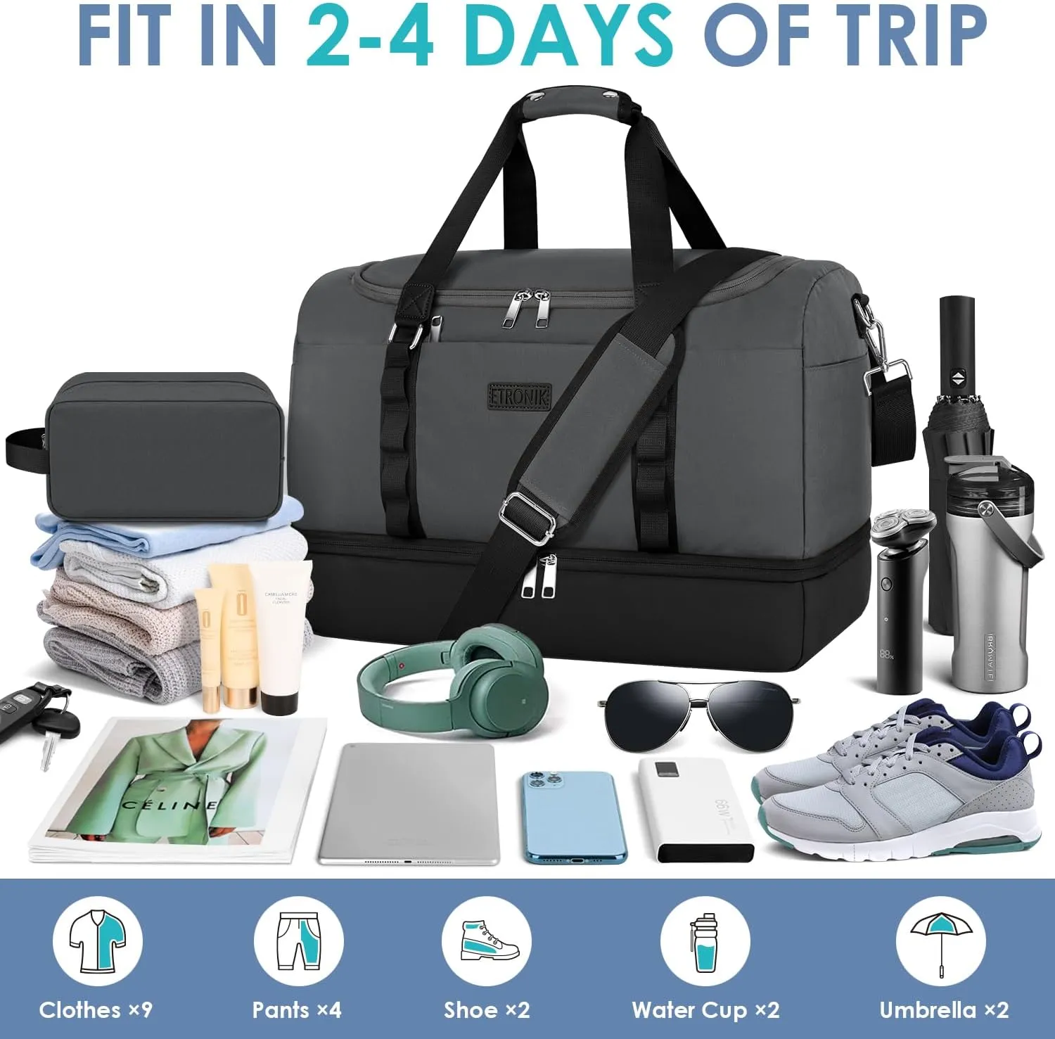 ETRONIK Travel Bag for Men Women, Duffle & Gym Bag with Shoe Compartment, Weekender Overnight Bag with Toiletry Bag, Carry on Bags for Airplanes for Travel, Trip, Gym, Yoga, Black-Grey