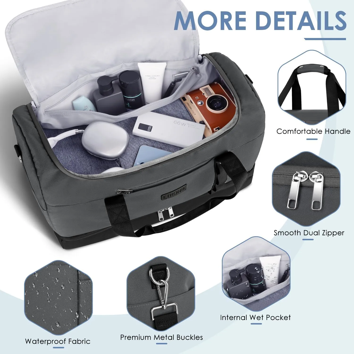 ETRONIK Travel Bag for Men Women, Duffle & Gym Bag with Shoe Compartment, Weekender Overnight Bag with Toiletry Bag, Carry on Bags for Airplanes for Travel, Trip, Gym, Yoga, Black-Grey