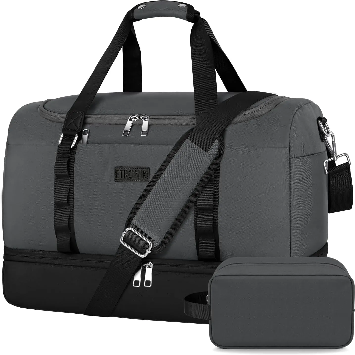 ETRONIK Travel Bag for Men Women, Duffle & Gym Bag with Shoe Compartment, Weekender Overnight Bag with Toiletry Bag, Carry on Bags for Airplanes for Travel, Trip, Gym, Yoga, Black-Grey